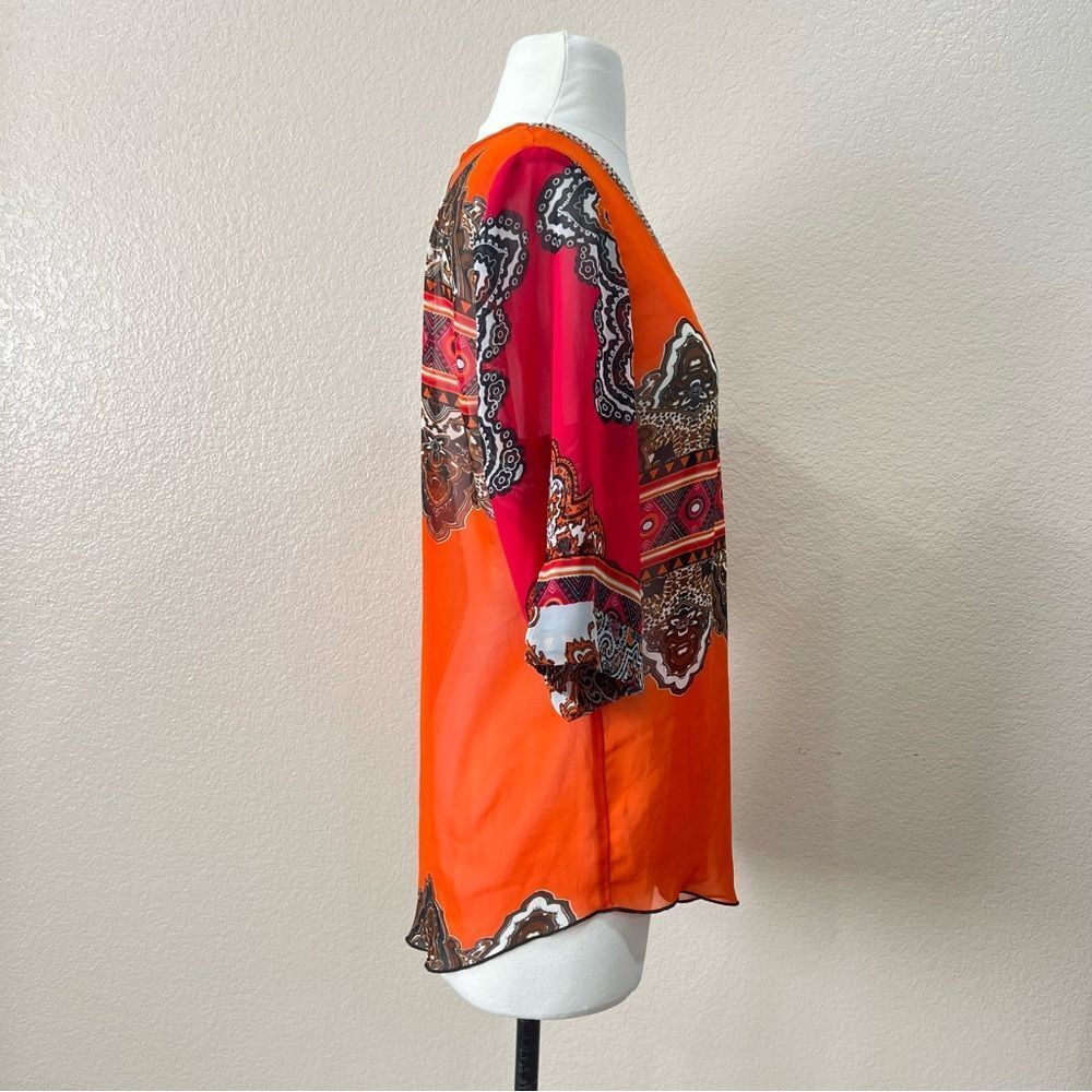 Joseph Ribkoff Colorful Sheer Blouse with Multicolored Rhinestones Size 6 - Picture 4 of 15